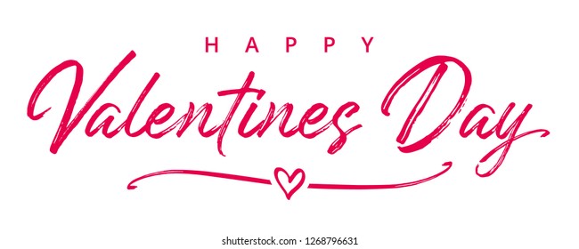 Valentines Day elegant paintbrush text banner. Valentine greeting card template with calligraphy happy valentine`s day and white heart in line on background. Vector illustration