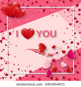 Valentine's Day elegant vector illustration. Pink background with hearts and lettering