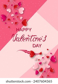 Valentine's Day elegant vector illustration. Pink background with hearts and lettering