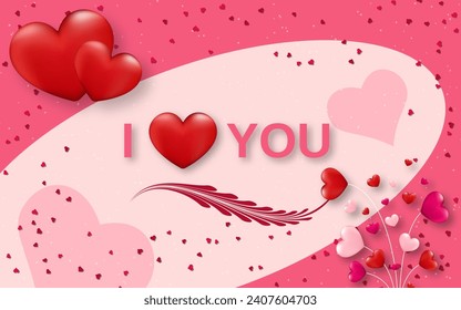 Valentine's Day elegant vector illustration. Pink background with hearts and lettering