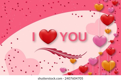 Valentine's Day elegant vector illustration. Pink background with hearts and lettering