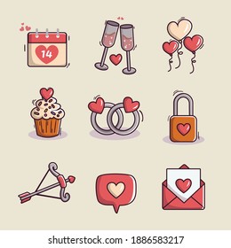 valentine's day element collection. envelop, calender, arrow, heart balloons cartoon with valentine themes