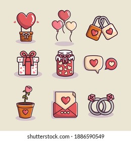 valentine's day element collection. gift box, ring, hearth, balloon, flower, envelope cartoon 