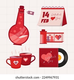 Colecciones de elementos del día de San Valentín ilustración plana diseño simple lindo y elegante del vector