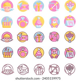 Valentine's Day Element, in colored, outline, outline filled versions.