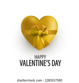 Valentine's Day element design. Realistic gold heart with  ribbon and bow. Happy Valentines Day