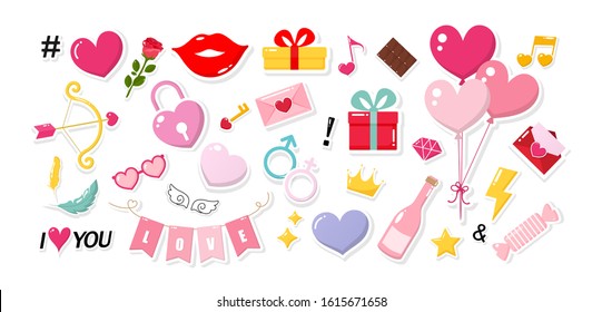 Valentine's day element. Gift, heart, balloon, kiss, key, rose, candy, archer, feather, and others for decorative. Sticker cartoon style. Vector illustration.