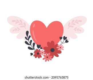 Valentines Day element. Heart with wings and flowers. Vector illustration.