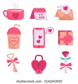 Elemento de San Valentín. Llave, flor, regalo, chat, carta, calendario, chocolate caliente para decorativo. Estilo de dibujos animados pegajosos. Ilustración vectorial.