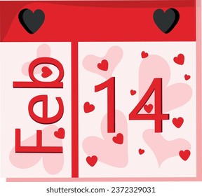 Valentine's Day element, paper calendar with February 14 date and pink, red hearts, vector illustration