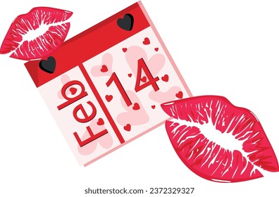 Valentine's Day element, paper calendar with February 14 date and pink, red hearts and pink female lips, vector illustration