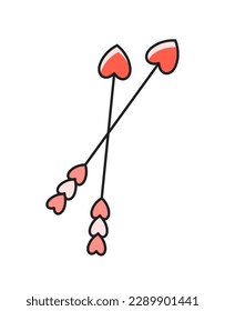 elemento San Valentín. Icono romántico con dos flechas cúpidas con puntas en forma de corazón. Pegatina con arma de amor. Diseño para postal. Dibujo vectorial plano de dibujos animados aislado en fondo blanco