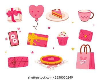 Valentines day element set collection with gifts, hearts, cakes, and balloons.