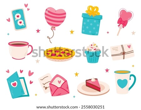 Valentines day element set collection with gifts, hearts, cakes, and balloons.