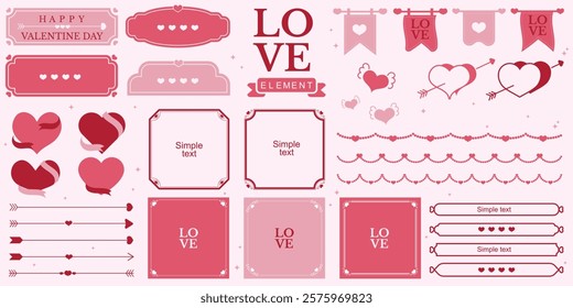 Valentines day element set. Love theme simple doodle illustration for design. Wedding elements, hearts, romantic icons. Love clipart, arrows, text, letters, flowers, sweets