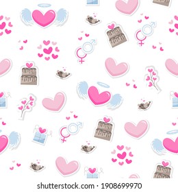 Valentine's day elements abstract background. Set of cute hand drawn icons about love isolated on white background in delicate shades of colors. Pattern Happy Valentine's Day .