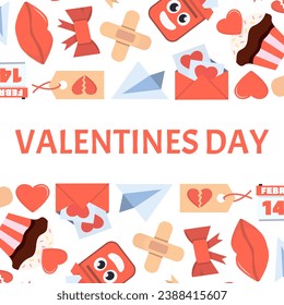 valentines day elements background. cartoon romantic love 14 February party celebration, hearts lips love sweets letters envelope ring gift boxes. vector cartoon minimalistic flat horizontal