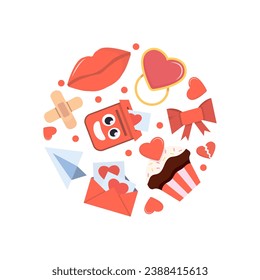 fondo de elementos de día de San Valentín. caricatura amor romántico 14 de febrero fiesta, corazones labios amor dulces cartas sobre cajas de regalo de anillo. dibujos animados de vector con forma de círculo plano minimalista