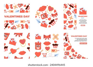 valentines day elements background. hearts lips love sweets letters envelope ring gift boxes, cartoon romantic love 14 February party celebration. vector cartoon minimalistic flat vertical background.