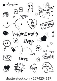 Valentine's Day Elements. Big Set. Many Happy Valentines Day Symbols. Doodle. Vector illustration in Black on White Background.