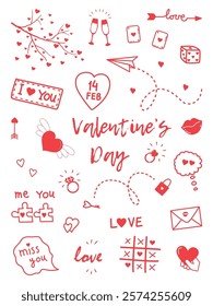 Valentine's Day Elements. Big Set. Happy Valentines Day Symbols. Doodle. Vector illustration in Red on White Background.