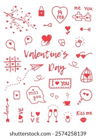 Valentine's Day Elements. Big Set. Happy Valentines Day Symbols. Doodle. Paper Airplane, Rings, Glasses of Wine, Hearts, Love Text, Cup, Lock, Key, Tic Tac Toe, Cage. Vector image in Red on White Bg.