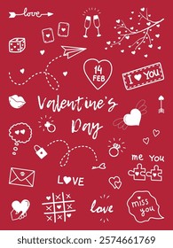 Valentine's Day Elements. Big Set. Happy Valentines Day Symbols. Doodle. Paper Airplane, Rings, Glasses of Wine, Hearts, Love Text, Lock, Key, Tic Tac Toe. Vector image in White on Red Background.