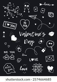 Valentine's Day Elements. Big Set. Happy Valentines Day Symbols. Doodle. Paper Airplane, Rings, Glasses of Wine, Hearts, Love Text, Lock, Key, Tic Tac Toe. Vector image in White on Black Background.