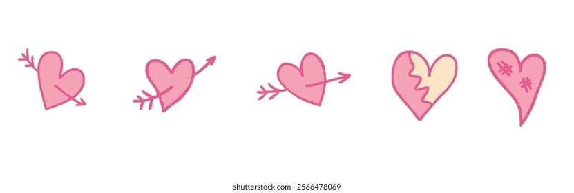 Valentine's Day elements collection with arrow pierced broken hearts. Perfect for sticker, card, label, sale. Hand drawn doodle vector illustration.