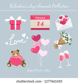 Valentine's day elements collection of cute bear holding pink heart, gift box, calendar, love text, love letter, champagne, a bouquet of flowers and heart shape balloons on light gray background.