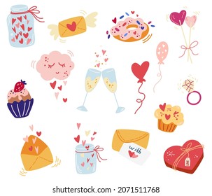 Valentine's Day elements collection. Hearts, sweets, letters, champagne, rings, cupcakes, gifts. Template for cards and banner design, stickers, greeting cards. Hand draw Vector illustration. 