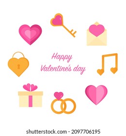 Colección de elementos del día de San Valentín aislada en un fondo blanco.