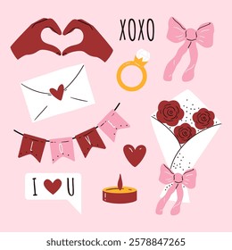 Valentine's day elements collection. Romantic stickers. Hearts, ribbon bow, roses, gift, love letter, candle, wedding ring.