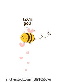 Valentine's day elements with cute bee cartoon, hearts and hand lettering on white background vector illustration. 