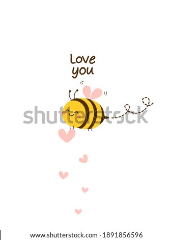 Valentine's day elements with cute bee cartoon, hearts and hand lettering on white background vector illustration. 