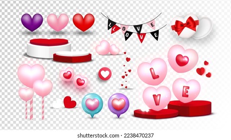 Valentine's day elements. Cute graphic element for advertising, sale, greeting cards, banners, and invitations. Set of Love symbols on transparency background. Vector illustration.