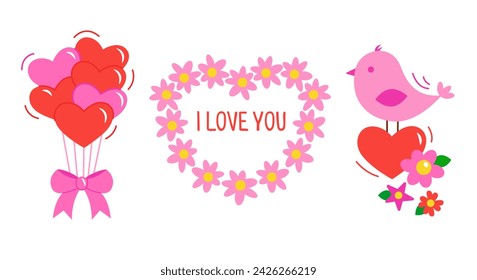 Valentine's Day, elements for design. Balloons in the shape of a heart, flowers and a bird. Vector illustration