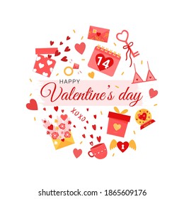 Valentines day elements for design. Open card for lovers in the shape of a circle. Hearts, gifts, bunny, balloons and love letters in flat style. Vector stock illustration