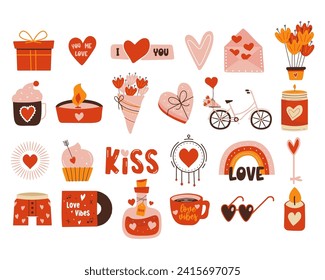 Valentines day elements designs collection. Valentine flat clipart set with love elixir, coffee cup, cupcake. Holiday of love symbols in cute style. Stock vector illustrations