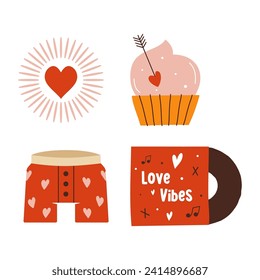 Valentines day elements designs set. Valentine flat clipart collection with vinyl and cupcake . Holiday of love symbols in cute style. Stock vector illustrations