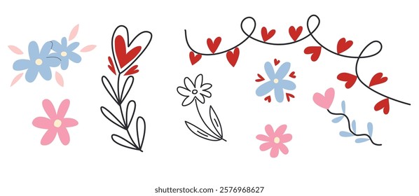 Valentines day elements flowers romantic Vector illustration for stickers greeting cards.