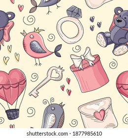 Valentine's Day elements. Valentines day greeting card. Colorful design background with objects and symbols. Holidays invitation card, poster, banner, postcard, print. Seamless pattern. Vector.