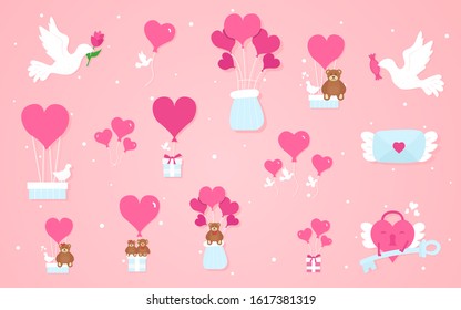 Valentine's Day elements, hearts, pigeons, teddy bears, etc. Vector illustration on a pink background