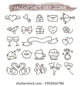 Valentine's Day elements icon set, heart, bird, swan, present, key, letter, ribbon, balloon, gift-box, cappuccino, lips, clover, bow and arrow, diamond ring, cupcake, butterfly