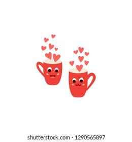 Valentine's day elements icon - two coffee cup love in cartoon style isolated on white background