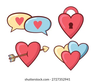 Elementos do dia dos namorados ilustrações conjunto de vetores. Clipart de desenho animado bonito para o dia dos amantes.