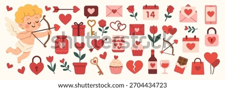 Valentines day elements illustrations vector set. Cute cartoon clipart for day of lovers.