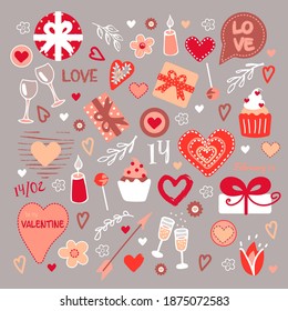 Elementos del día de San Valentín, aislados en un fondo gris. Juego de íconos dibujados a mano sobre el amor: corazón, velas, dulces, gafas, regalos, flores, inscripciones. Ilustración vectorial.