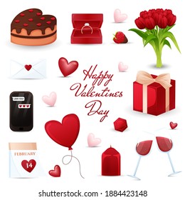Valentine's Day elements isolated on white background. Balloons, ring, cake, letter, flowers, candles, glasses of wine, gift. Vector illustration