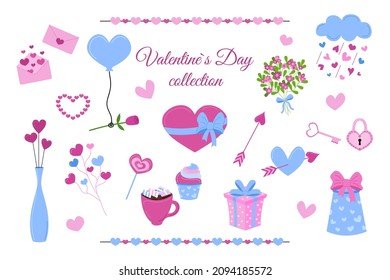 Valentines Day elements isolated set. Vector collection of pink and blue love cliparts on white background. Valentine flat hearts, flowers, sweets, gifts.
